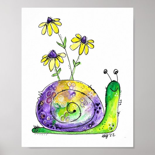 Kute Whimsical Happy Snail met gele bloemen Poster (Voorkant)