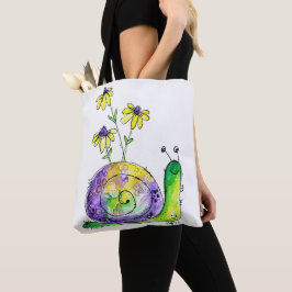 Kute Whimsical Happy Snail met gele bloemen Tote Bag