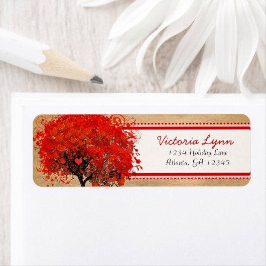 Kute Whimsical Heart Leafed Tree Red Pink Stippen Etiket (Insitu)