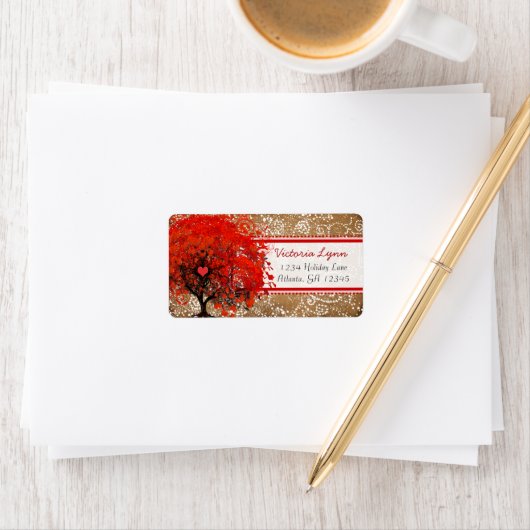 Kute Whimsical Heart Leafed Tree Red Pink Stippen Etiket (Insitu)