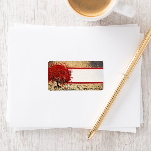 Kute Whimsical Heart Leafed Tree Red Pink Stippen Etiket (Insitu)