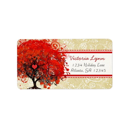 Kute Whimsical Heart Leafed Tree Red Pink Stippen Etiket (Voorkant)