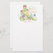 Kute Whimsical Owl n Butterfly Scroll Floral Art Briefpapier (Voorkant / Achterkant)