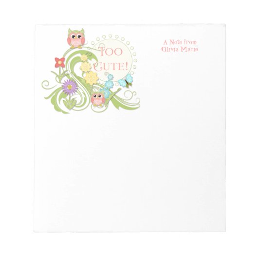 Kute Whimsical Owl n Butterfly Scroll Floral Art Notitieblok (Voorkant)