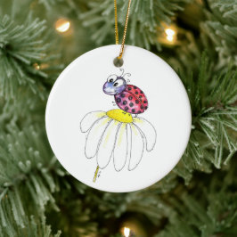 Kute Whimsical Red Ladybug op een witte trap Keramisch Ornament