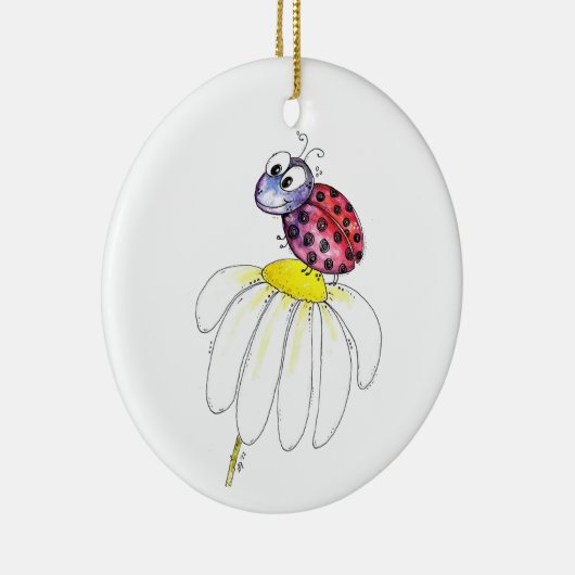 Kute Whimsical Red Ladybug op een witte trap Keramisch Ornament (Rechts)