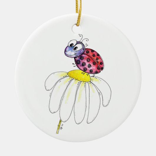 Kute Whimsical Red Ladybug op een witte trap Keramisch Ornament (Voorkant)