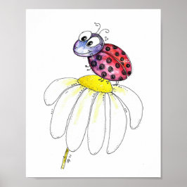 Kute Whimsical Red Ladybug op een witte trap Poster