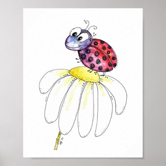 Kute Whimsical Red Ladybug op een witte trap Poster (Voorkant)
