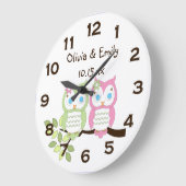 Kute Whimsical roze Green Owl Twins Wall Clock Grote Klok (Hoek)