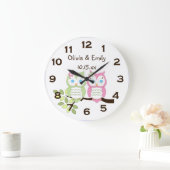 Kute Whimsical roze Green Owl Twins Wall Clock Grote Klok (Huis)