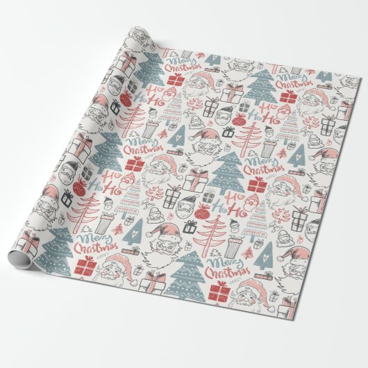Kute Whimsical Santa Tree Patroon Roze Cadeaupapier (Uitgerold)