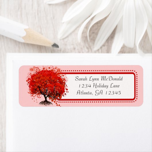 Kute Whimsical Swirl Heart Tree Red & Roze Etiket (Insitu)