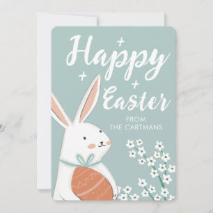 Kute White Bunny Flowers Paast Feestdagenkaart