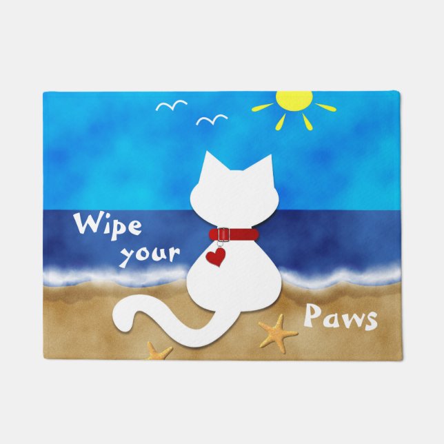 Kute White Cat Beach Theme Veeg je poten deurmat (Voorkant)