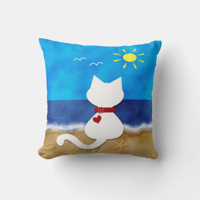 Kute White Cat Summer Ocean Beach Thema Kussen (Voorkant)