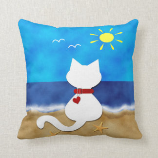 Kute White Cat Summer Ocean Beach Thema Kussen