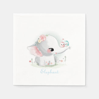 Kute White Elephant Baby Waterverf Floral Birds Servet