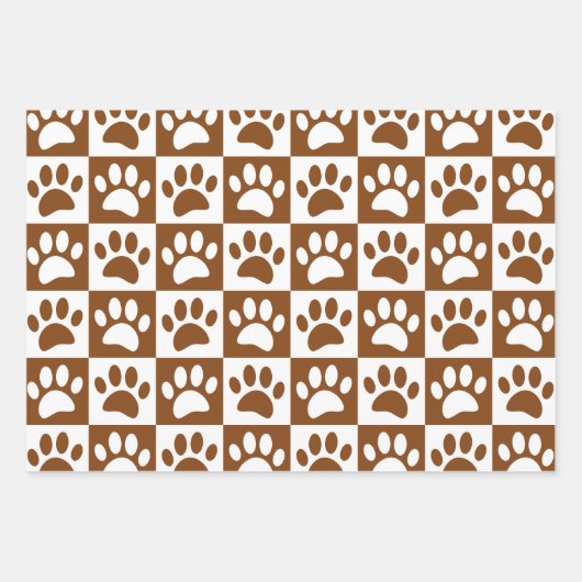 Kute White en Brown Paw Print Checkerboard Inpakpapier Vel (Voorkant)