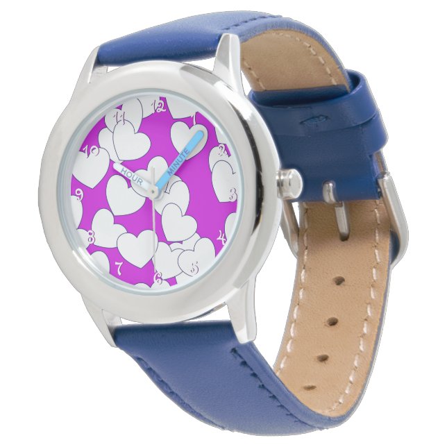Kute White Hearts op Paarse kinderpols Horloge (Gekanteld)