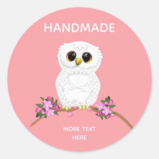 Kute White Owl on Light Roze Handmade Ronde Sticker (Voorkant)