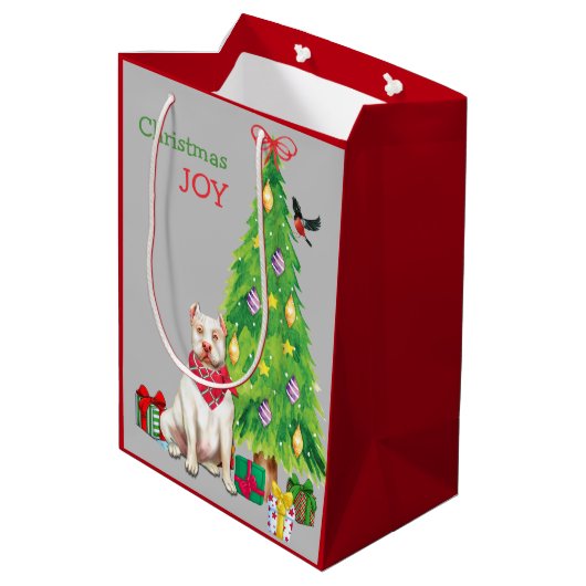 Kute White Pit Bull en kerstboom Medium Cadeauzakje (Achterkant Gekanteld)