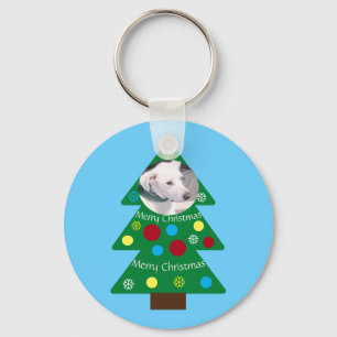 Kute White Puppy Dog Colorful Kerstboom Blauw Sleutelhanger