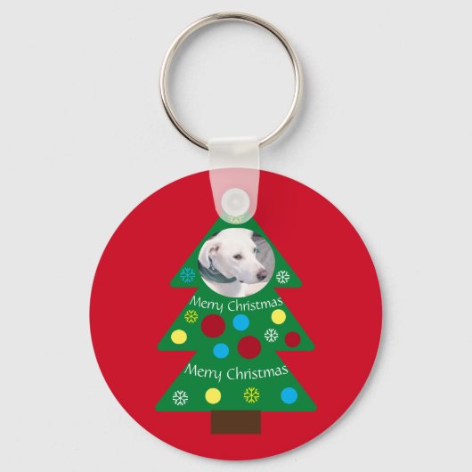Kute White Puppy Dog Kleurrijke kerstboom Rood Sleutelhanger (Voorkant)