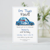 Kute White Race Car Elephant Two Fast 2e verjaarda Kaart (Staand voorkant)