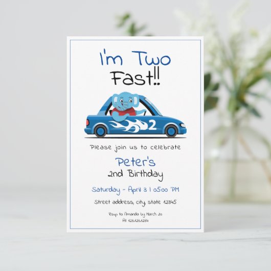 Kute White Race Car Elephant Two Fast 2e verjaarda Kaart (Staand voorkant)