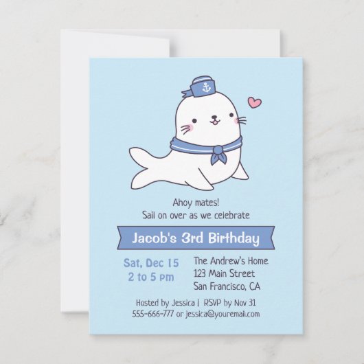 Kute White Seal Sailor Kids Birthday Party Kaart (Voorkant)
