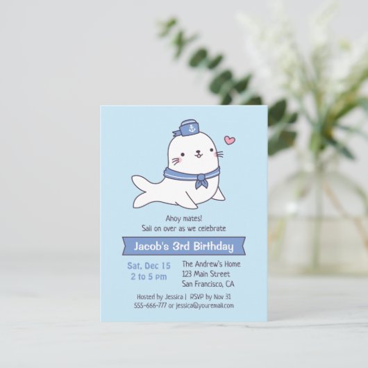 Kute White Seal Sailor Kids Birthday Party Kaart (Staand voorkant)