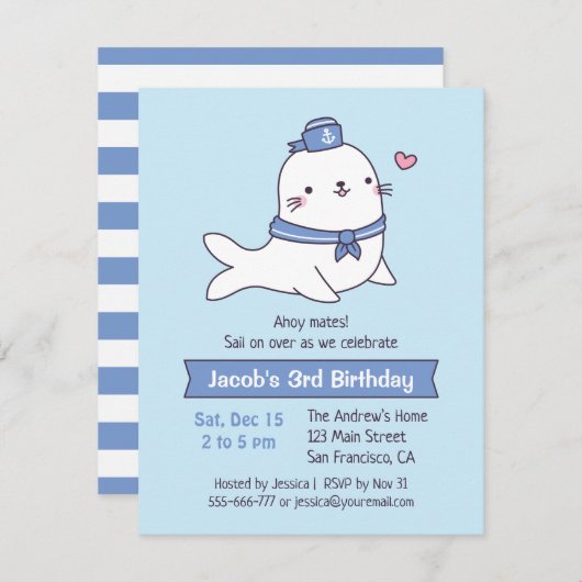 Kute White Seal Sailor Kids Birthday Party Kaart (Voorkant / Achterkant)