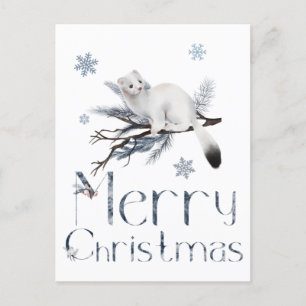 Kute White Weasel Animal op een pijnboom Briefkaart
