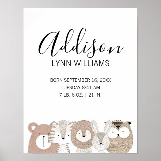 Kute wilde dieren Baby Birth Stats Nursery Print (Voorkant)