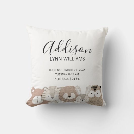 Kute wilde dieren Baby geboorte Stats Pillow Kussen (Voorkant)
