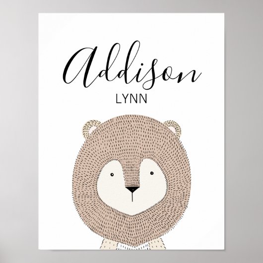 Kute Wilde Dieren Lion Baby Naam Nursery Print (Voorkant)