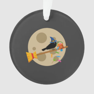 Kute Witch's Crow on a Broom Spreading Snoepjes Ornament