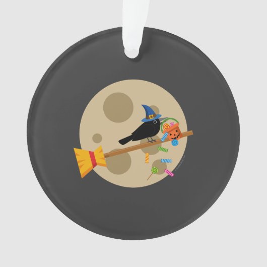 Kute Witch's Crow on a Broom Spreading Snoepjes Ornament (voorkant)