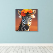 Kute Zebra met Oranje bloemen Canvas Afdruk (Insitu (Houten vloer))