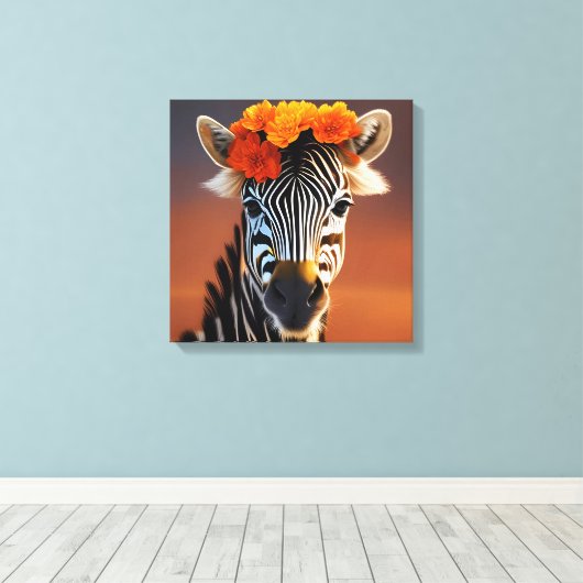 Kute Zebra met Oranje bloemen Canvas Afdruk (Insitu (Houten vloer))