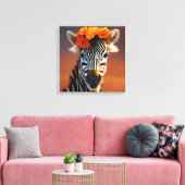 Kute Zebra met Oranje bloemen Canvas Afdruk (Insitu (Woonkamer))