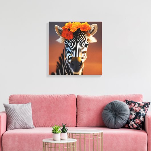 Kute Zebra met Oranje bloemen Canvas Afdruk (Insitu (Woonkamer))