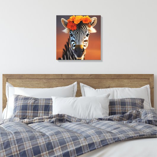 Kute Zebra met Oranje bloemen Canvas Afdruk (Insitu (Slaapkamer))