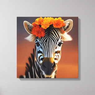Kute Zebra met Oranje bloemen Canvas Afdruk