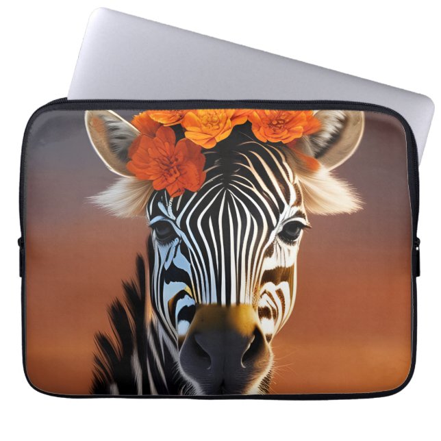 Kute Zebra met Oranje bloemen Laptop Sleeve (Voorkant)