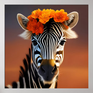 Kute Zebra met Oranje bloemen Poster