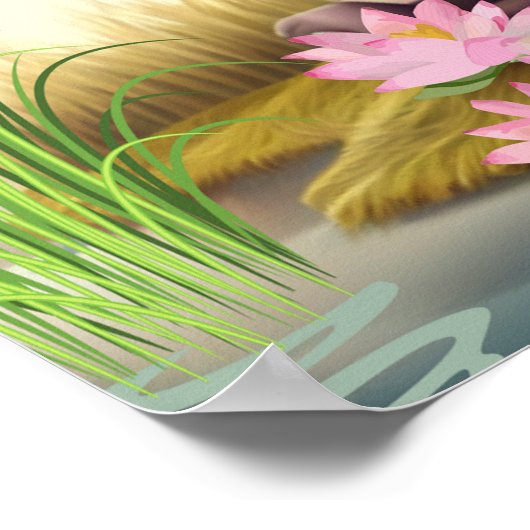 Kute Zebra nabij een vijver met bloemen en vogelku Poster (Hoek)