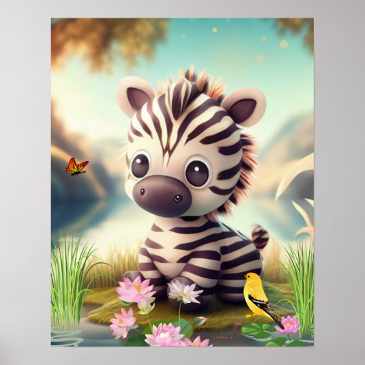 Kute Zebra nabij een vijver met bloemen en vogelku Poster (Voorkant)
