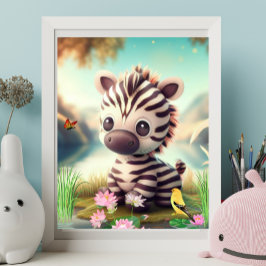 Kute Zebra nabij een vijver met bloemen en vogelku Poster